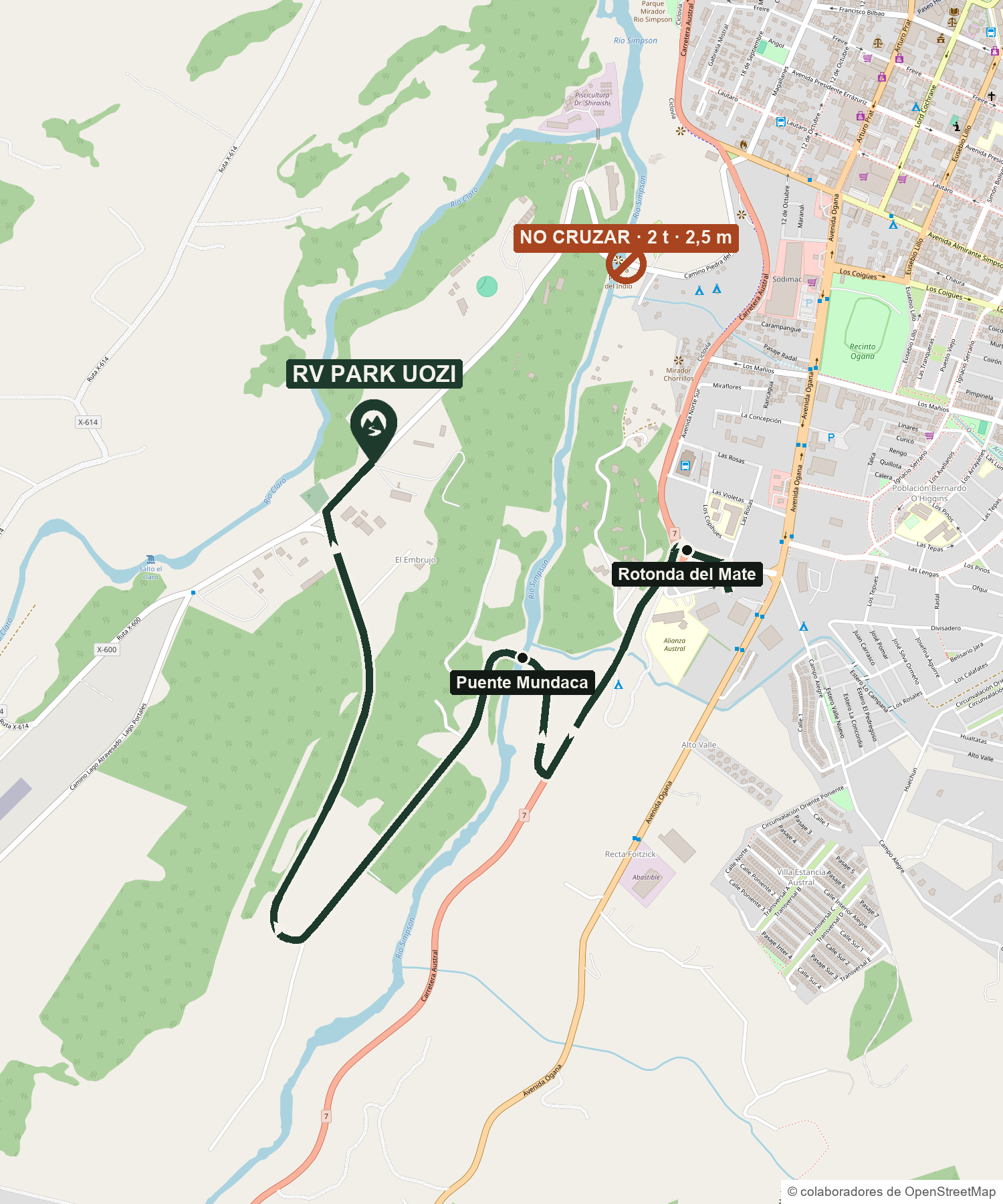 Plano de acceso al RV Park Uozi desde la Rotonda del Mate por el Puente Mundaca, con la advertencia de que el Puente Piedra del Indio no admite campers.
